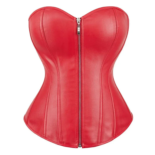Women Faux Leather Corset Tops Gothic Overbust Lace Up Zipper Strapless Bustier Shaperwear Sexy Clubwear