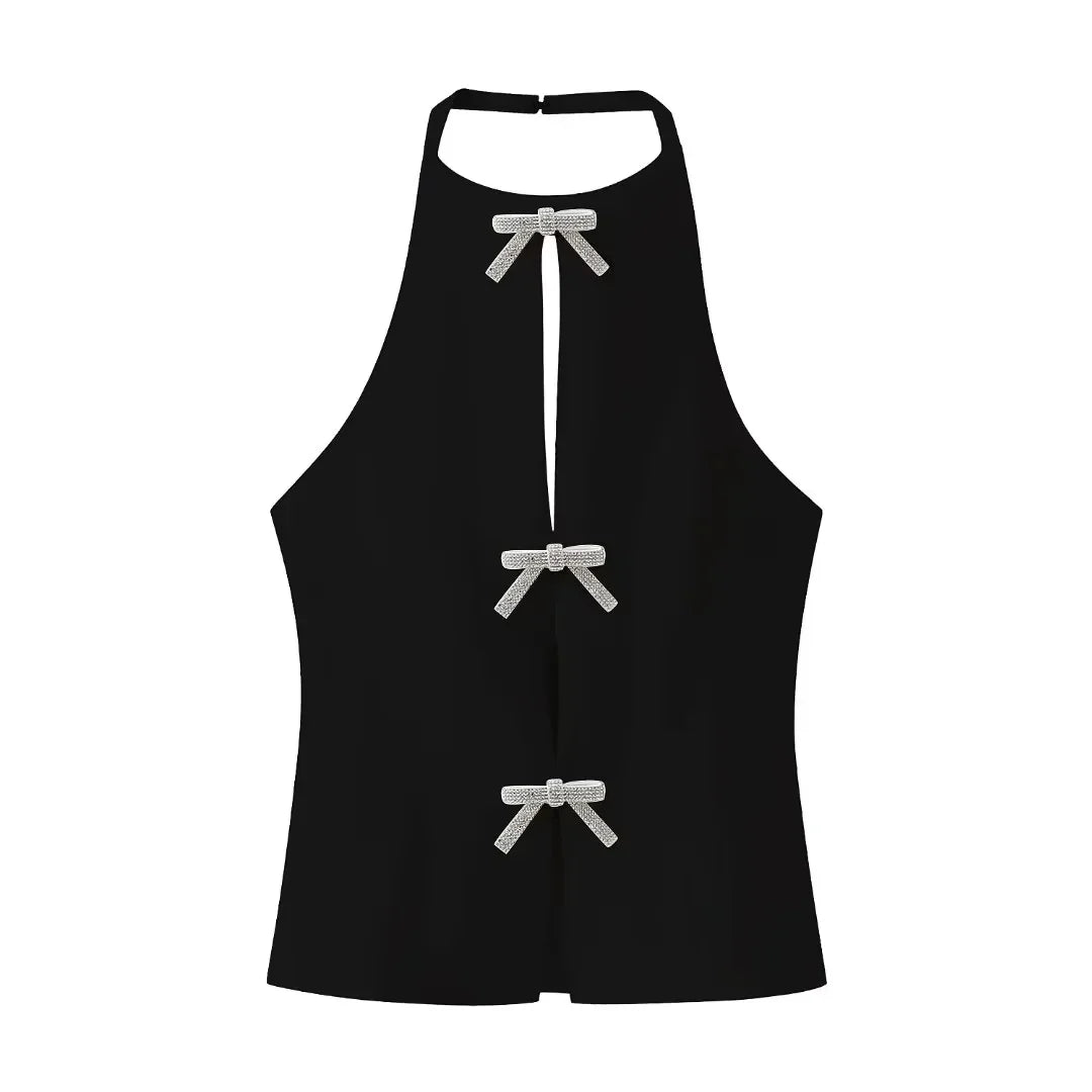 Summer Top Female Jewelry Bow Decoration Hanging Neck Collar Sleeveless Top 2025 Women's Pretty Sling Top
