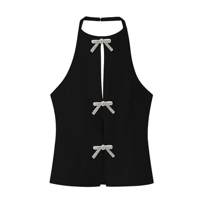 Summer Top Female Jewelry Bow Decoration Hanging Neck Collar Sleeveless Top 2025 Women's Pretty Sling Top
