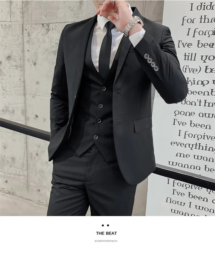 Solid Color Suit Men's Fashionable Gentleman Business Banquet Korean-style Formal Dress Casual Wedding (Blazer+Vest+Trousers)