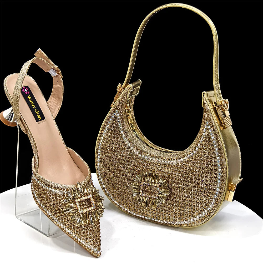Nigerian Women's Party Shoes and Bags Medium Heel Pointed Toe Elegant Party Footwear With Matching Color Handbag for Women