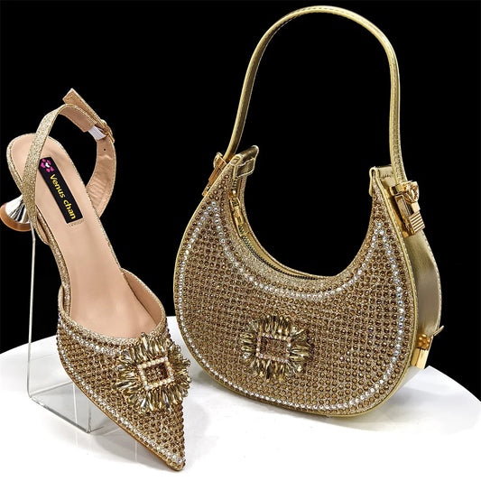 Nigerian Women's Party Shoes and Bags Medium Heel Pointed Toe Elegant Party Footwear With Matching Color Handbag for Women