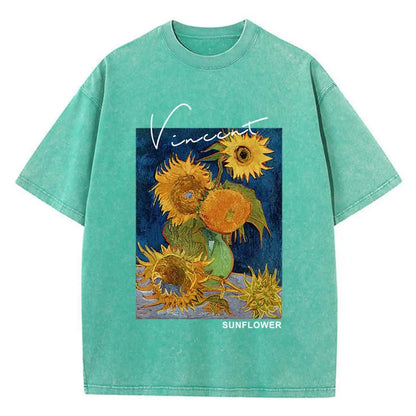 Camisetas Femininas Casuais de Algodão Lavado Estampa Girassol Van Gogh Manga Curta Gola Redonda Blusas Respiráveis Macias Roupa Feminina da Moda