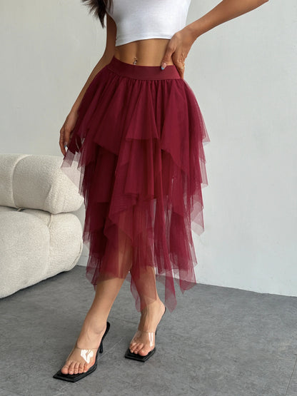 Ladies' high waisted elastic waist layered chiffon midi skirt with irregular asymmetric hem party casual mesh fairy ballet skirt