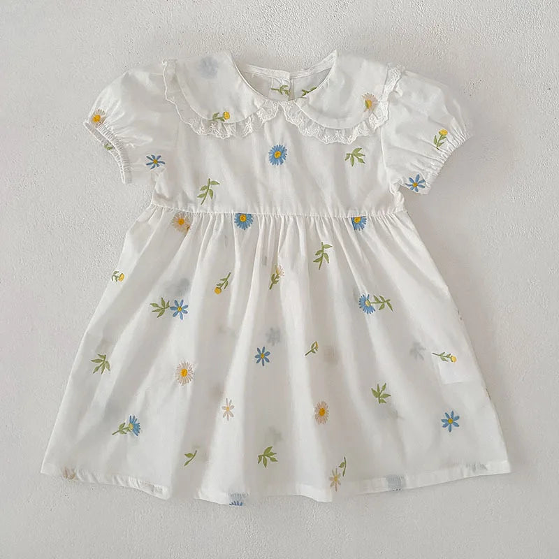 2026 Girls Dress Korean Edition Summer New 2-6Yrs Cotton Embroidered Flower Short Sleeve Girls' Dress Cute Dress