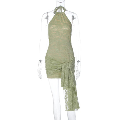 Women Fashion Halter Sleeveless Sexy Backless Patchwork Lace Bandage Sexy Mini Dress Summer Outfit Party Beach Vacation