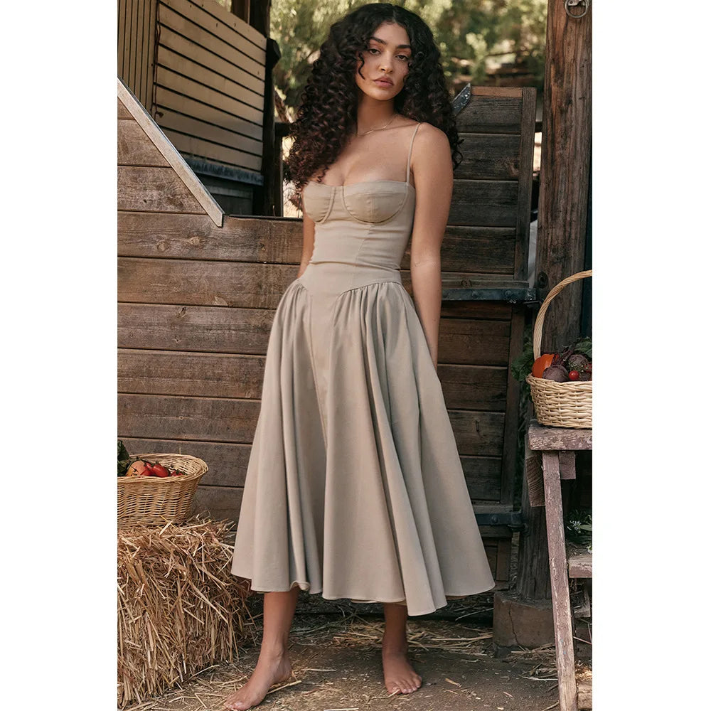 Women Elegant Sleeveless Backless Pleated Dresses Lady Sexy Solid Sling Midi Dress 2024 Female Party Evening A-line Robes