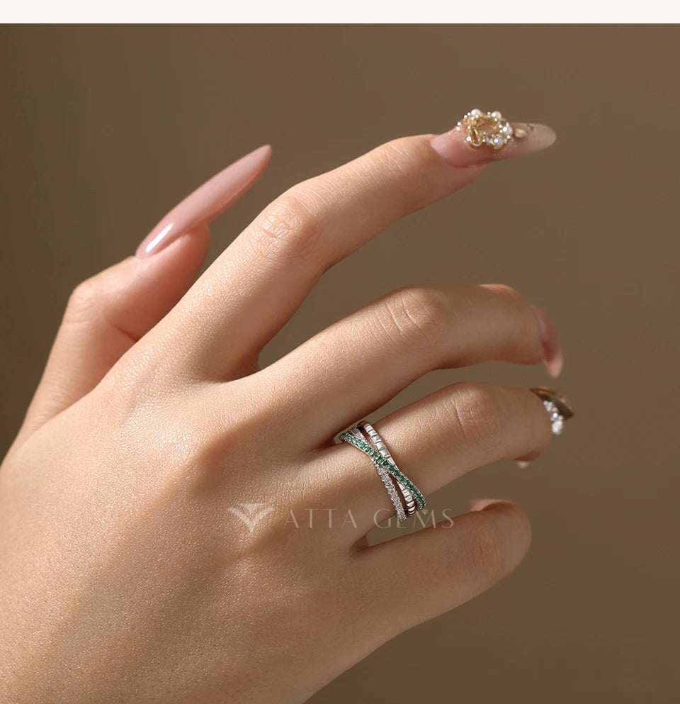Stacking Crossed Wedding Rings 925 Sterling Silver Lab Zambian Emerald White Zircon Women's Ring for Party Fine Jewelry