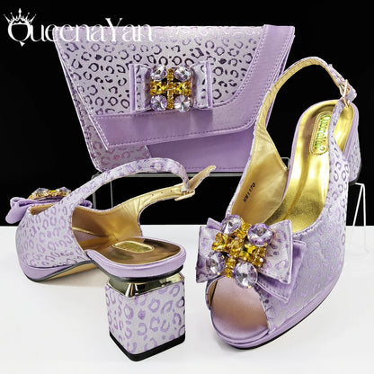 2025 Shiny Italian Fashion Pointed Toe Women Heel Fashion Rhinestone Decoration Pink Color Shoes And Bag Set