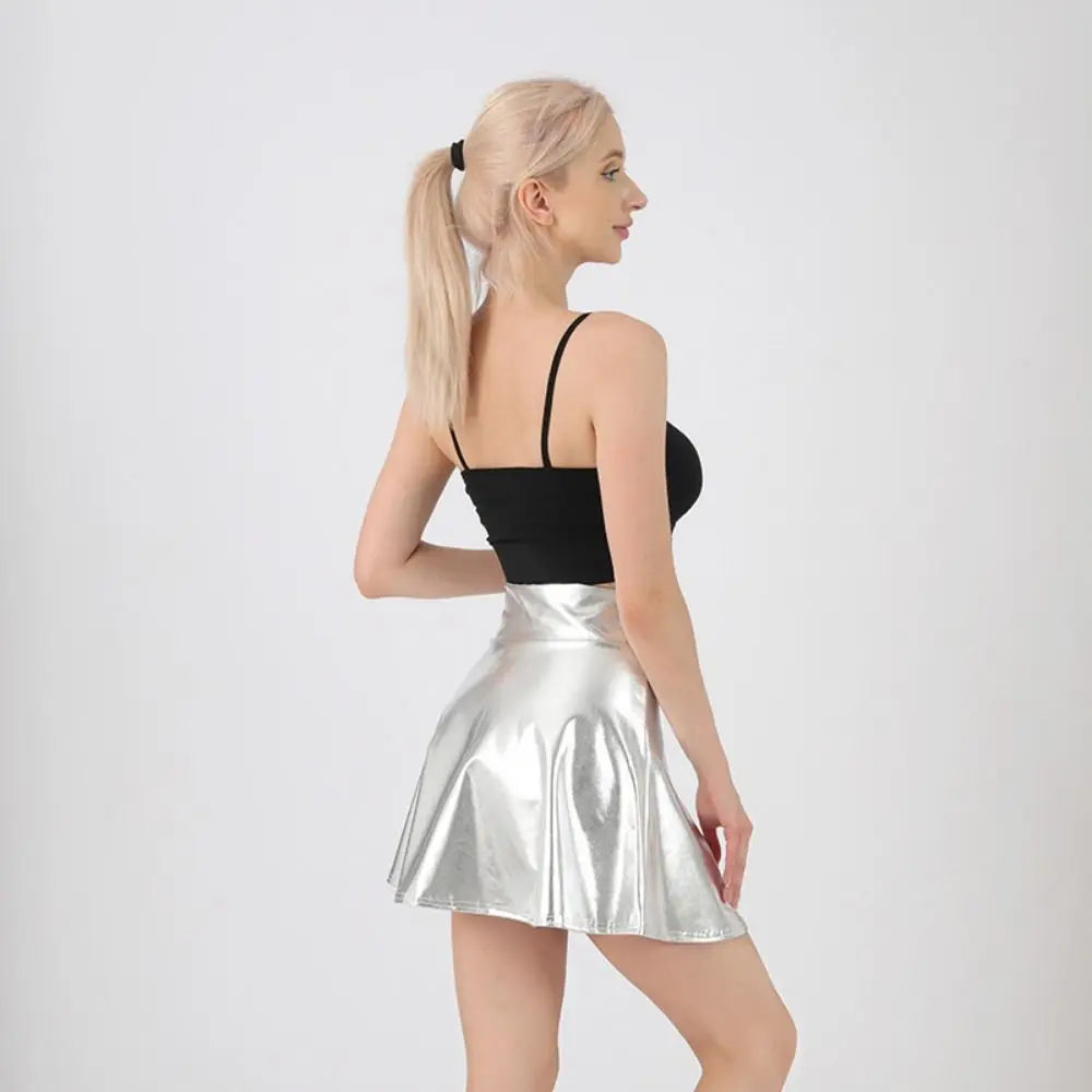 Elegant Metallic Pleated Skirt Gold Silver Flared Design A-line Short Skirt Retro Solid Color Girls Short Mini Skirt Clubwear