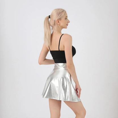 Elegant Metallic Pleated Skirt Gold Silver Flared Design A-line Short Skirt Retro Solid Color Girls Short Mini Skirt Clubwear