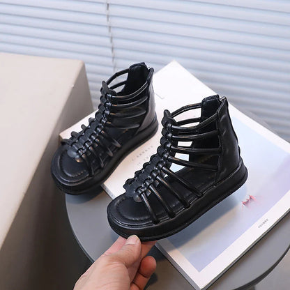 Girl's Sandals Gladiator Style Hollow-out Ankle-high Chunky Kids Summer Shoes White Black Zipper Chic Children Sliders 21-36