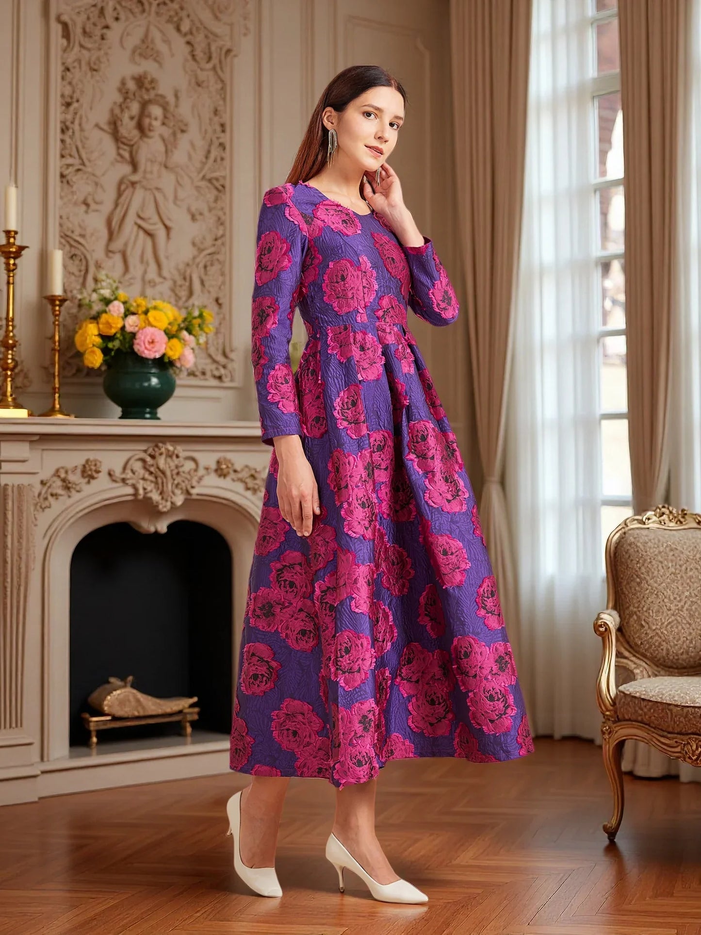 Luxury Long Jacquard Dress for Women Maxi Autumn Winter Party Dress Boho Floral Fashion Evening Clothing Vintage Robe