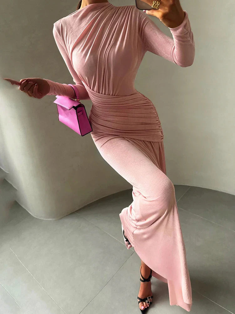 Maxi Dress Women o-Neck Full Sleeve Solid Banquet Elegant Vacation Fashion Autumn Skinny Casual Simple Vestido