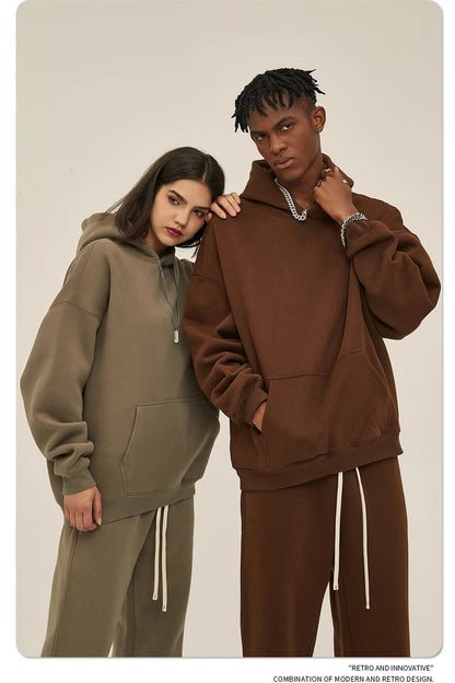 Thick 350gsm Fleece Hooded Hoodies For Men Unisex Winter Oversized Loose Basic Solid Sweatshirts Pullovers Coats HY0631