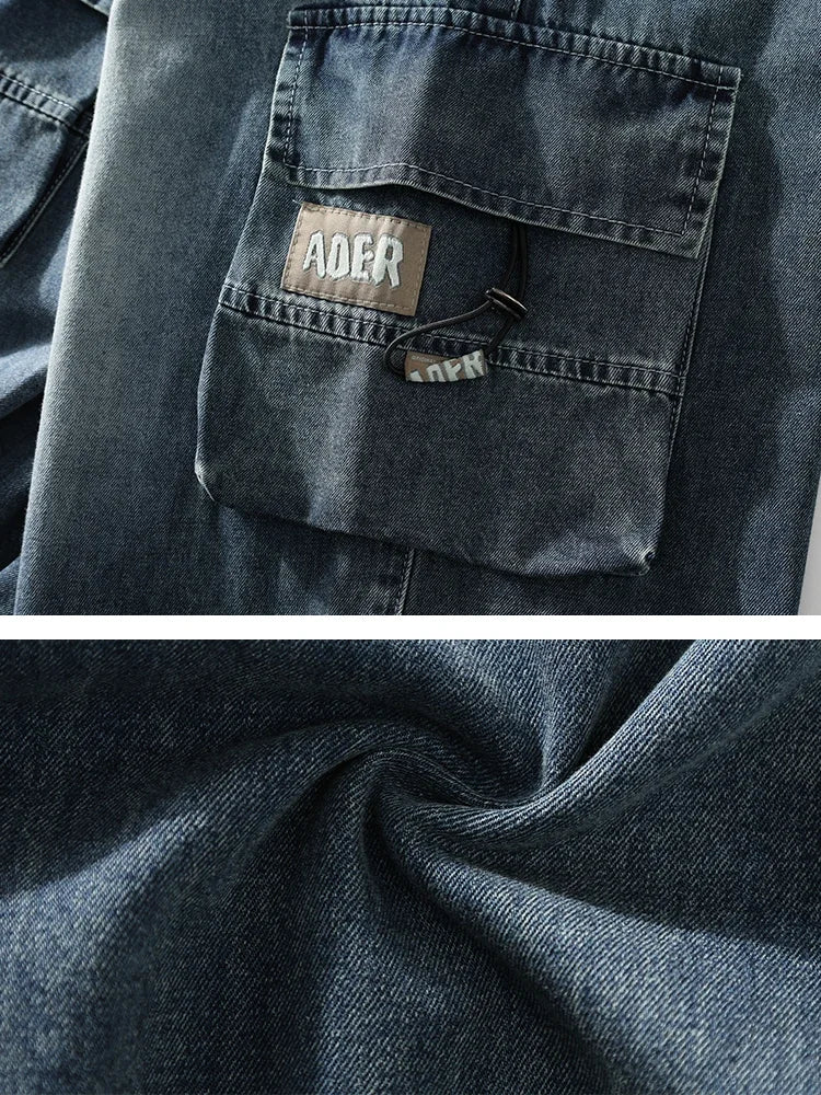 Summer Men's Straight Jeans Multi-Pockets Wide Leg Denim Cargo Pants 8XL 7XL 6XL Big Size Lightweight Baggy Solid Jeans Trousers