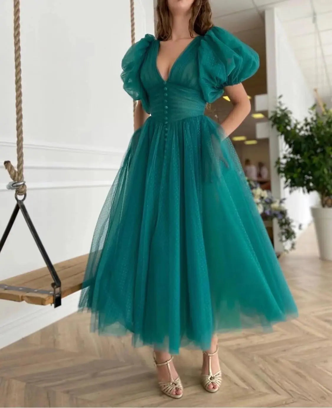 Puffy Sleeve Prom Dresses for Women Dotted Tulle V Neck Formal Evening Party Gowns Tea Length Formal Dress Women Elegant
