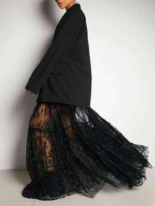 Lace Jacquard Transperant Skirt Women Summer New High Waist Sexy Casual Long Skirts Streetwear Fashion Black Maxi Skirt