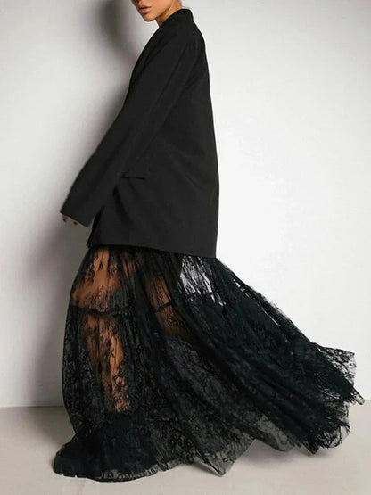 Y2K Korean Style Fashion Floor-Length Long Skirt Summer A-Line Mesh See Through polka Dot Skirt Women High Waist Lace Maxi Skirt