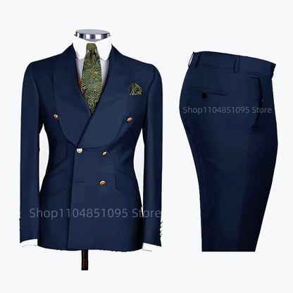 2 PCS Men's Smart Casual Solid Formal Tuxedo Suits with Shawl Lapel Double Breasted Jacket And Pants for Business And Wedding