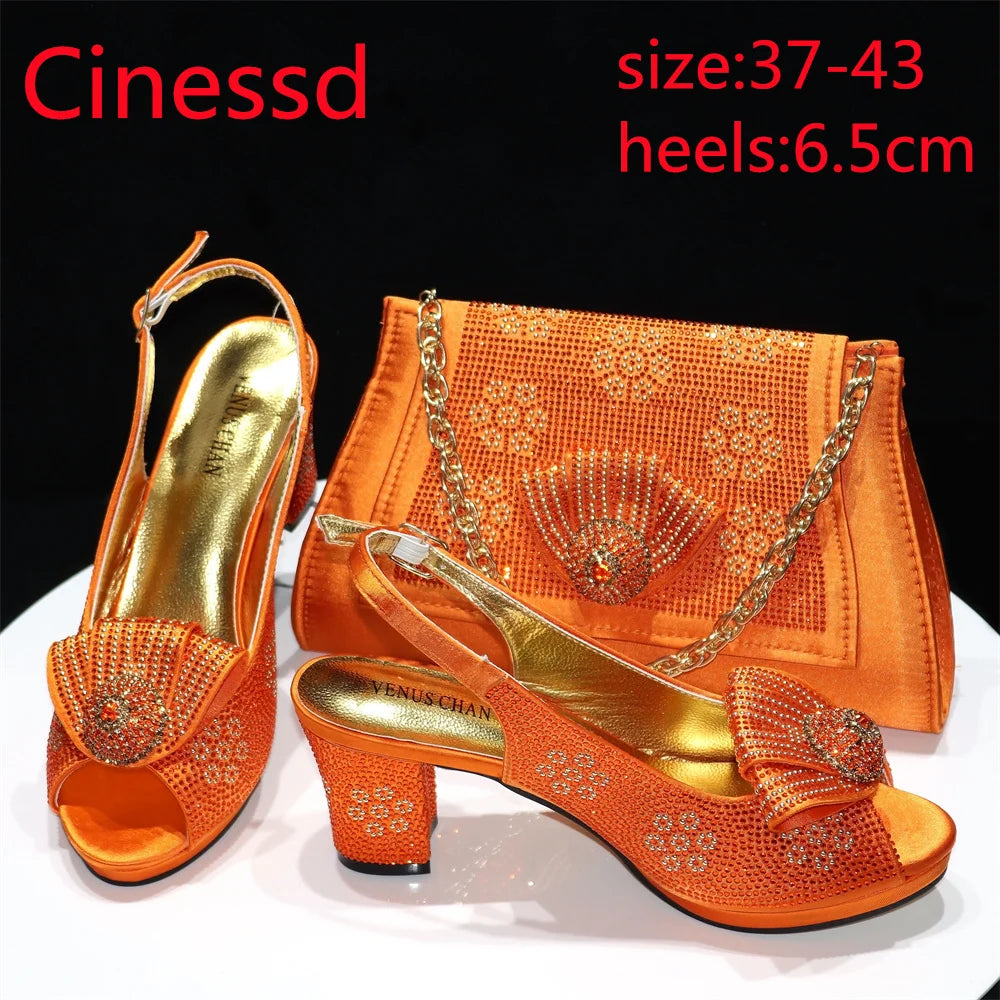 Square Heels with Platform Peach Color Nigeian Women Shoes and Bag Set Full Crystal Pumps for Christmas Dinner
