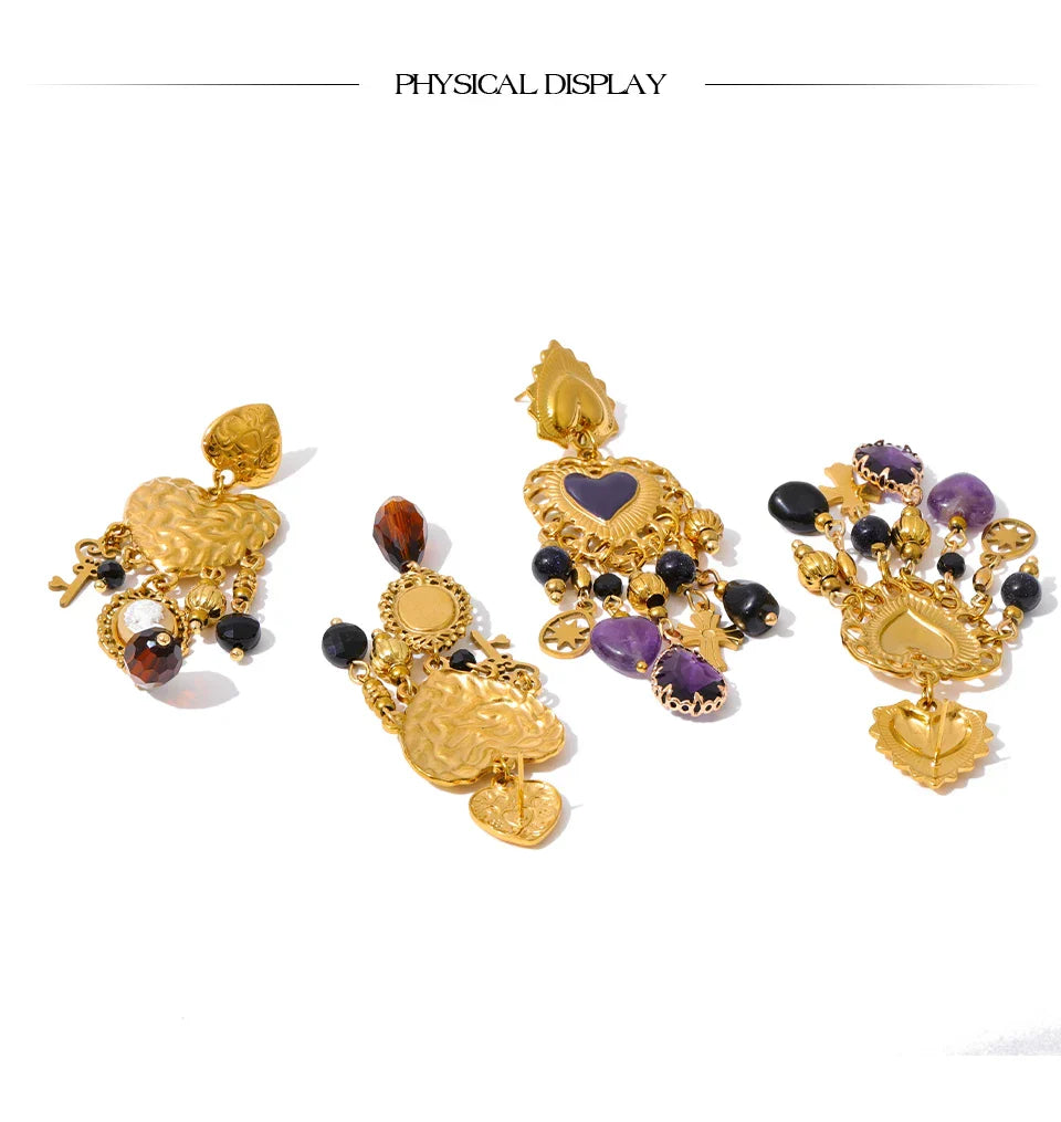 Vintage Stainless Steel Heart Cross Key Charm Pendant Drop Earrings Golden Plated Crystal Resin Stone Waterproof Jewelry