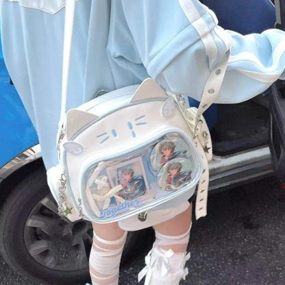 Korean Kawaii Cat Lolita Bag Cute PU Shoulder Bag Girls Transparent Pocket Harajuku Crossbody Bag Women's Fashion Backpacks