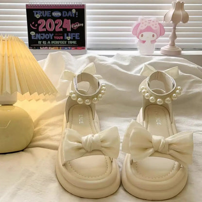 Girls Sandals Pearl Bow Princess Shoes 2026 Summer New Children's Beach Shoes Girls Soft Sole Sandals