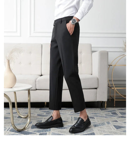 Thickened Fleece Men's Casual Straight Leg Pants Autumn Winter Elastic Slim Fit Korean Style Fashionable Nine Point Long Trou...