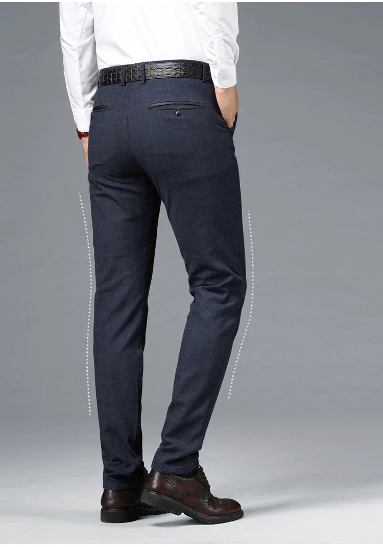 Spring Summer Business Men's Casual Pants Fashion Grid Design Versatile Comfortable Slim Straight Legs Elastic Male Trousers