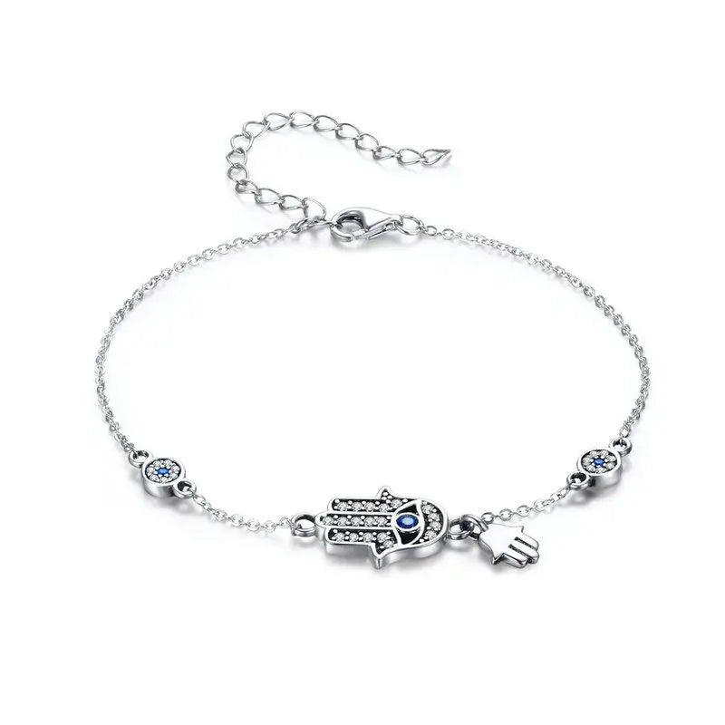 925 Sterling Silver Fatima Hand Lucky Chain Link Bracelet Blue Evil Eye Lobster Clasp Adjustable Hamsa Chain Bracelet