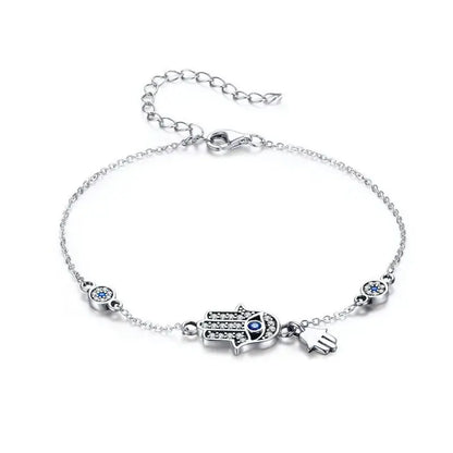 925 Sterling Silver Fatima Hand Lucky Chain Link Bracelet Blue Evil Eye Lobster Clasp Adjustable Hamsa Chain Bracelet