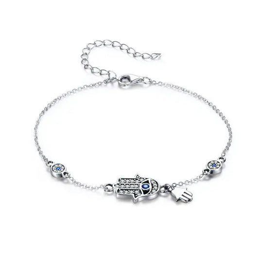 925 Sterling Silver Fatima Hand Lucky Chain Link Bracelet Blue Evil Eye Lobster Clasp Adjustable Hamsa Chain Bracelet