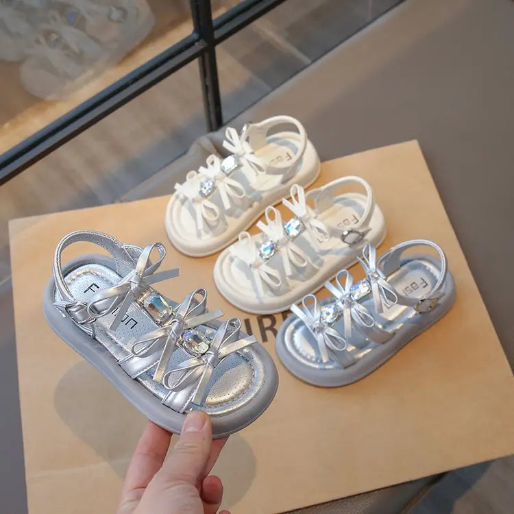 Summer Kids Fashion Hollow-out Roman Sandals Student Water Diamond Bow Sandals Sweet Bowknot Comfortable Elegant Girls Shoes