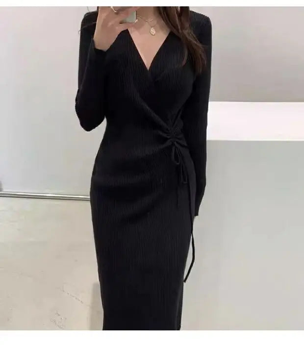 V-ne Knitted Wrap Waist Slimming Mid-length A-line Dr Women's Sweater Dr Korean Sle High Waist Long Sve