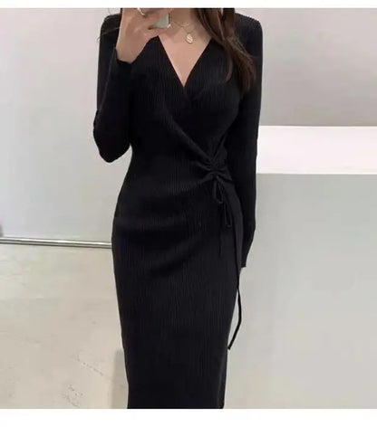 V-ne Knitted Wrap Waist Slimming Mid-length A-line Dr Women's Sweater Dr Korean Sle High Waist Long Sve