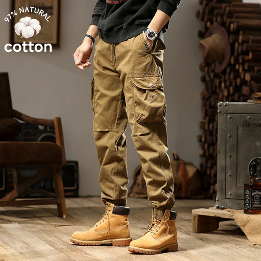 Brand Clothing 2026 Spring Summer Men's Baggy Cargo Pants Multi-Pocket Work Joggers Casual Cotton Tapered Trousers Long Pants