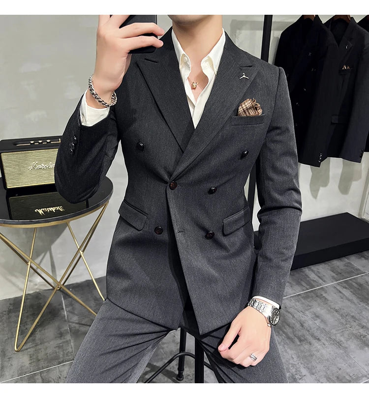 ( Blazers + Pants ) Boutique Fashion Solid Color Double-breasted Men's Casual Business Slim Suit 2-piece Set Groom Wedding Dress
