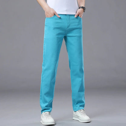 Calça Jeans Masculina Slim Elástica Colorida Estilo Coreano Primavera Outono Macia Confortável Casual Reta Denim Streetwear