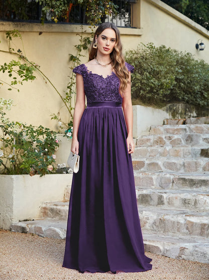 A-line V Neck Sleeveless Floral Lace Chiffon Back Hollow Long Paty Bridesmaid Dress Women 2024 For Wedding Sexy Evening Dress