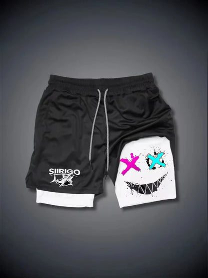 2024 Men's Smiling Face Printed Fitness Shorts Double-Layer 2-in-1 Quick Drying Fitness Outdoor Leisure Training Sports Shorts