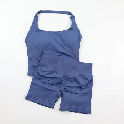 Seamless Yoga Set Womens Backless Halter Tank Top Ribbed Waist Gym Shorts 2 Piece Sets Women Outfit Workout Clothes