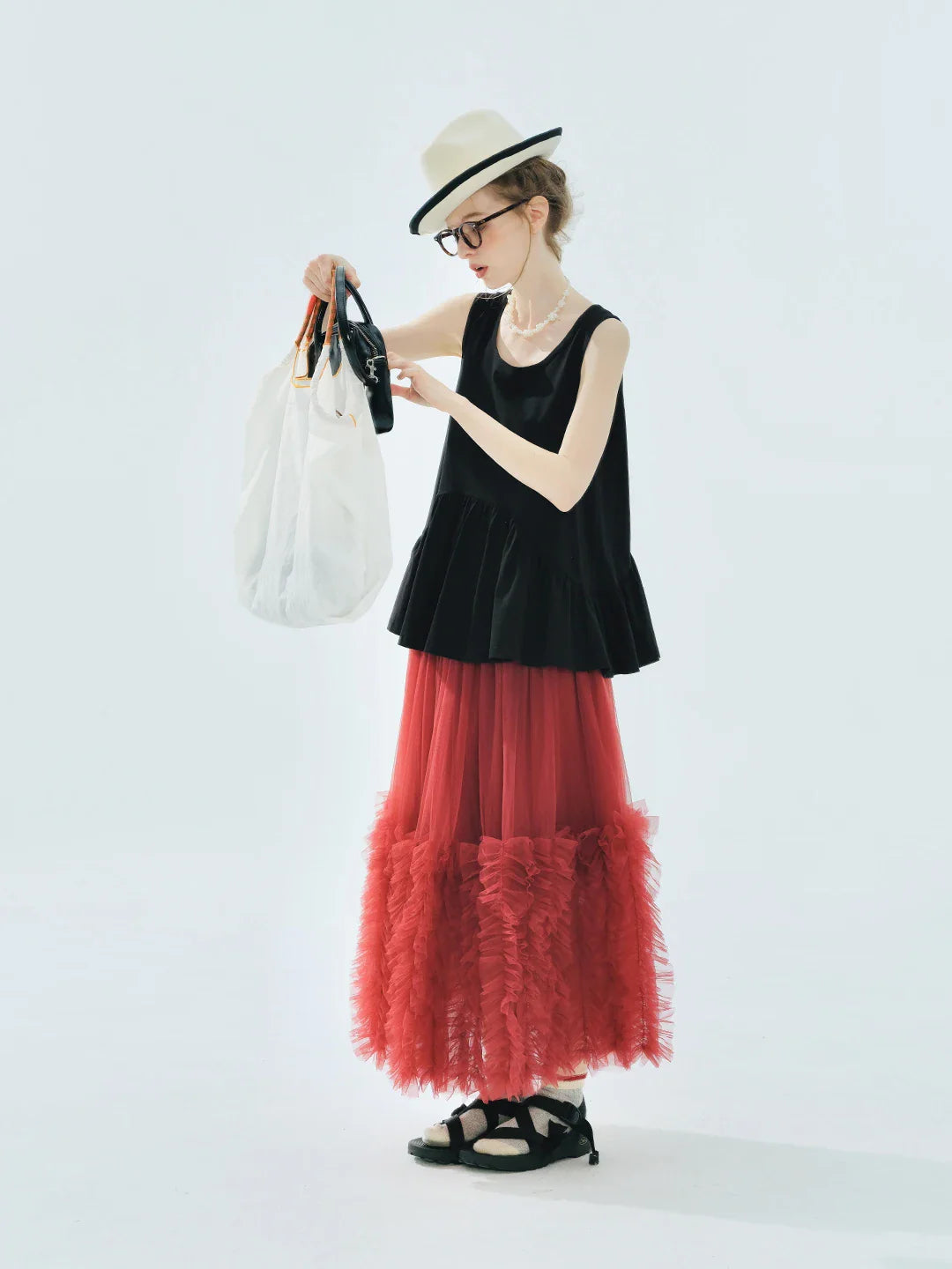 Women's Light Purple Tulle Midi Skirt with Ruffled Hem Elastic Waist Casual Fairy Style Summer  Flowy A-Line Skir 255106