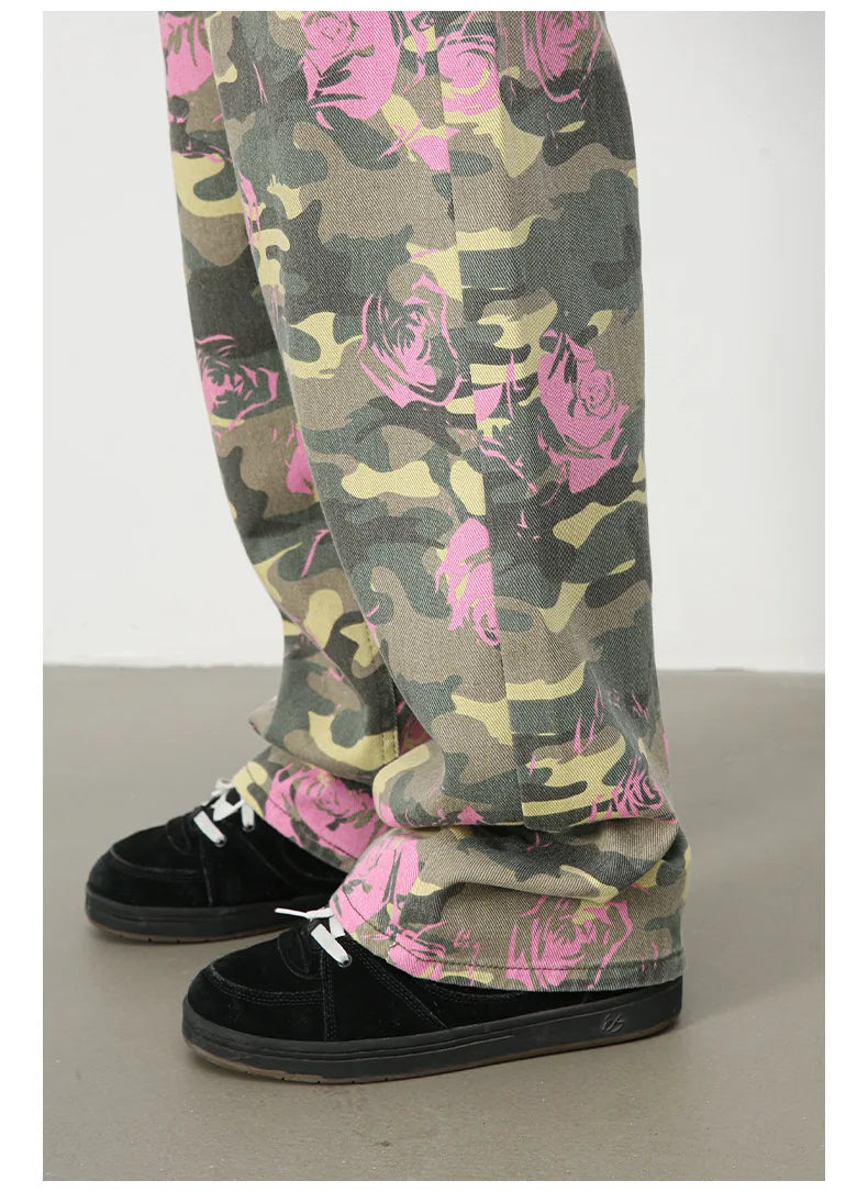 Tide Camouflage Jeans Men's Ins Loose Straight Wide Leg Casual Denim Pants Loose Male Trousers 12C2036