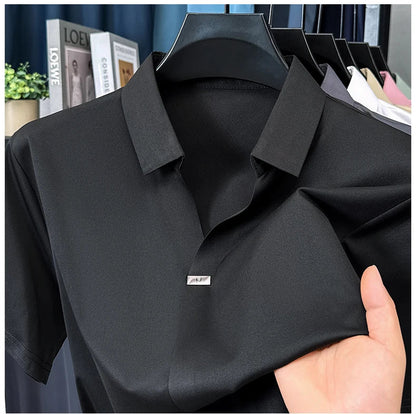 High quality ice silk short sleeve T-shirt men's lapel top trendy brand design cool silky breathable summer casual polo shirt
