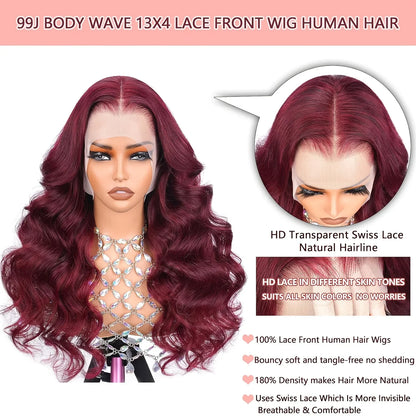 250 Density 99J Burgundy 13x6 Lace Frontal Human Hair Wigs Brazilian Colored 30 42 Inch Body Wave Lace Front Wigs Human Hair