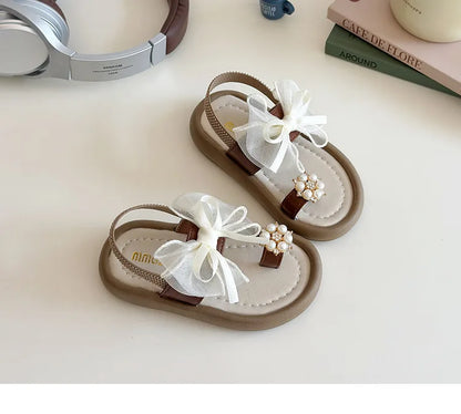 Brand Designer Ribbons Sandals for Girls Beaded Flip Flop Evening Party Dress Shoes Tulle Bow-tie Child Shoes Girl Sandal I06034