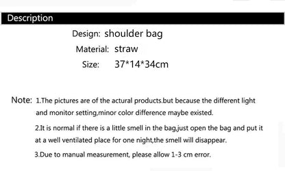 Bolsa Sacola de Palha Tecida de Verão Bolsa de Ombro Feminina Casual de Praia para Férias Bolsas Femininas de Grande Capacidade Cor Sólida