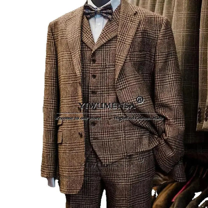 Elegant Business Suits Men 3 Pieces Formal Party Houndstooth Wool Blazers Customized Man Banquet Groom Wedding Tuxedos British