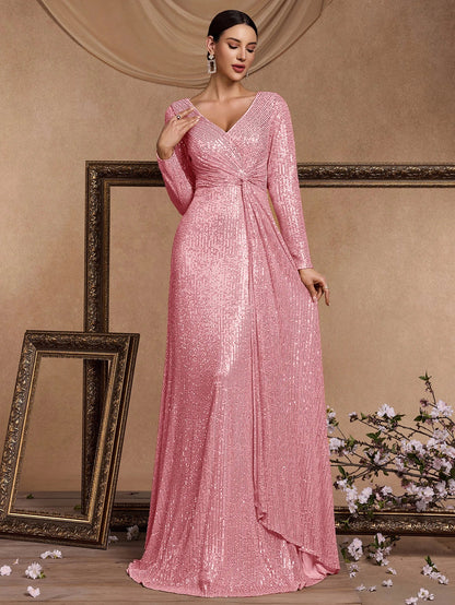Vestidos de Festa Longos Rosas de Luxo com Decote em V para Mulheres Elegantes, Maxi Vestido de Festa com Lantejoulas e Mangas Longas, Vestidos de Baile e Coquetel